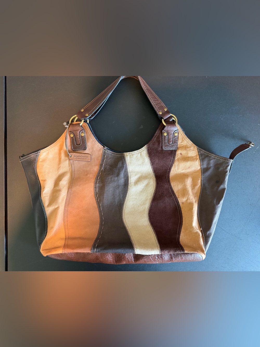 Multicolor Genuine Leather Wave-Panel Hobo Bag - Brown & Tan Retro 70s